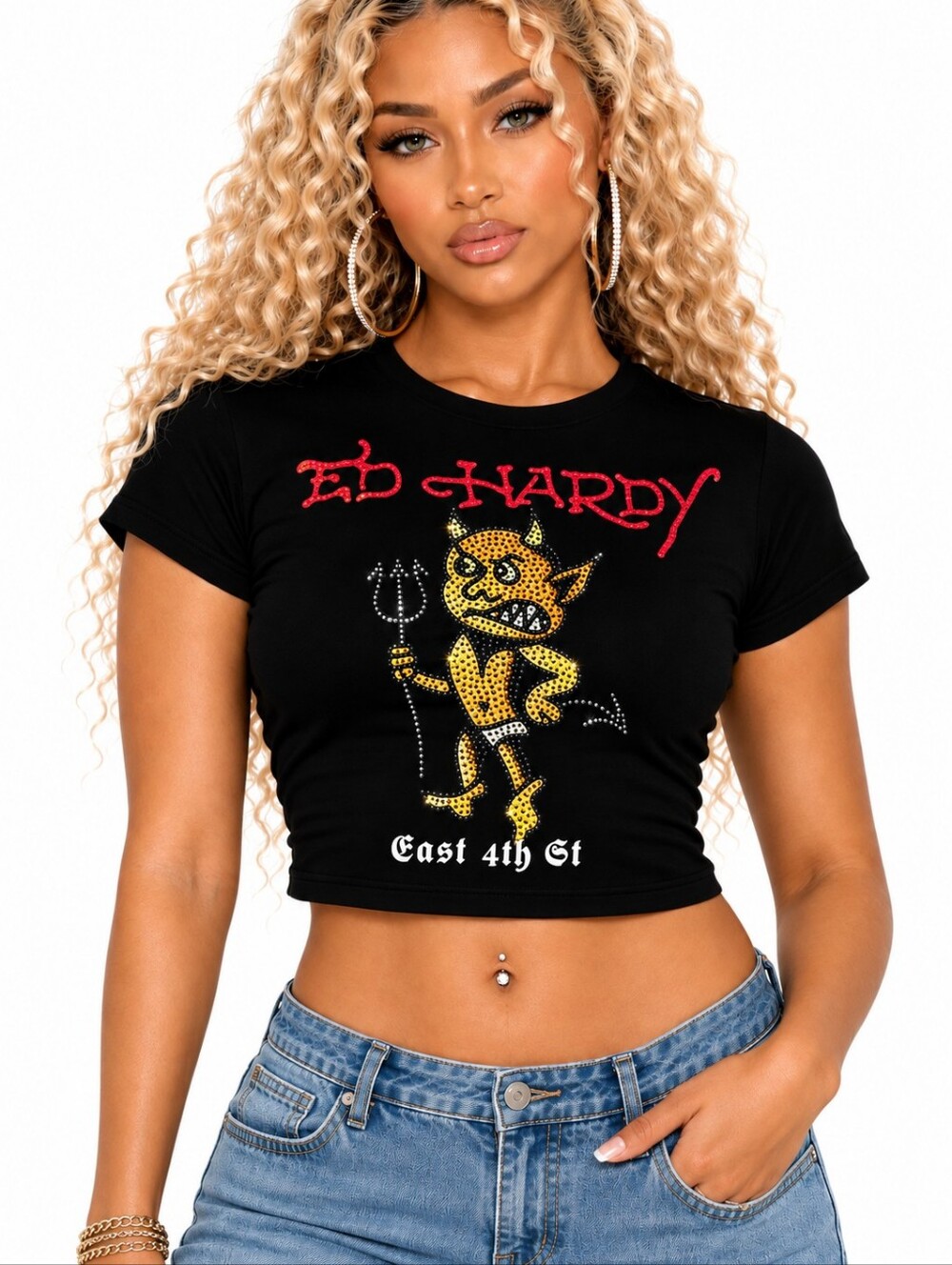 ED HARDY Baby Devil Rhinestone Crop Tee Black MEDIUM